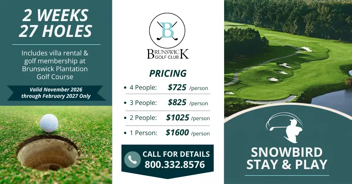 Snowbird Stay and Play: 2 weeks, 27 holes, villa rental and golf membership at Brunswick Plantation, from $725 per person, valid November 2026 through February 2027